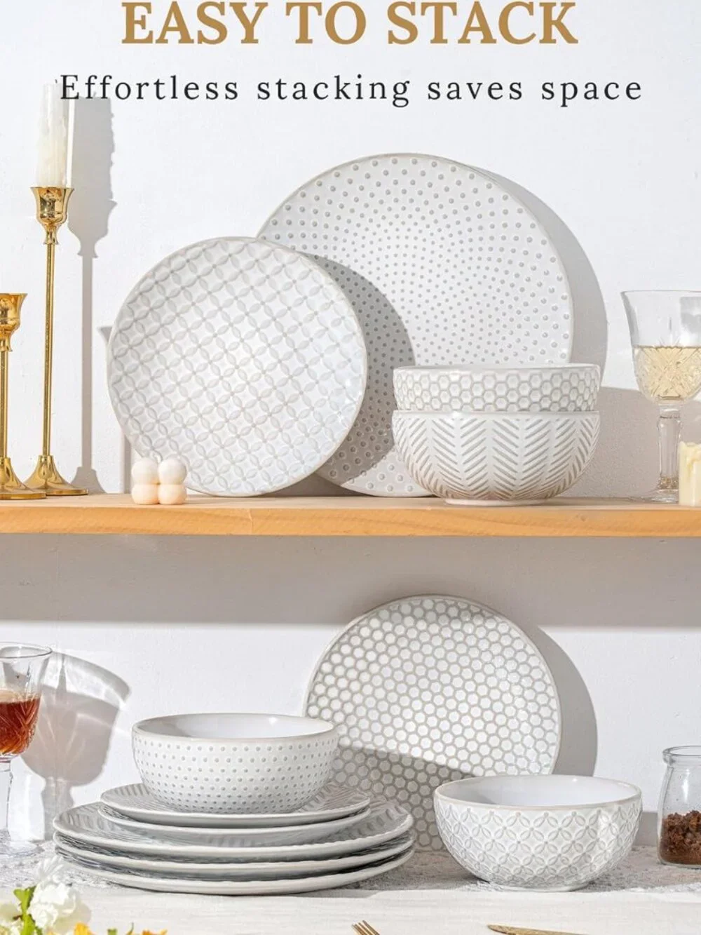 FOBENTA 12-Piece Stoneware Dinnerware Set for 4, Embossed Plates & Bowls